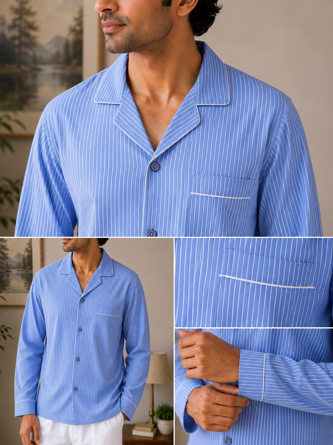 Men Cotton Night Suit - Light Blue Strip