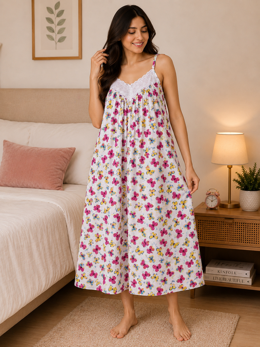 SnugNest Women’s Premium Cotton Floral Strap Nighty