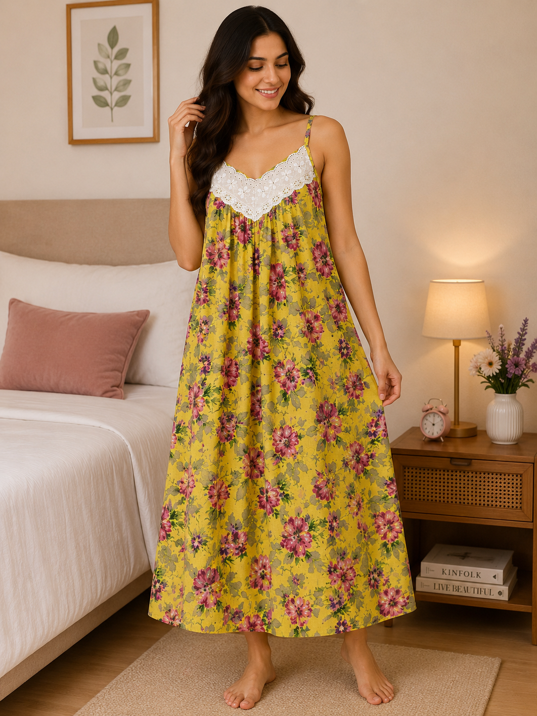 SnugNest Women’s Premium Cotton Floral Strap Nighty