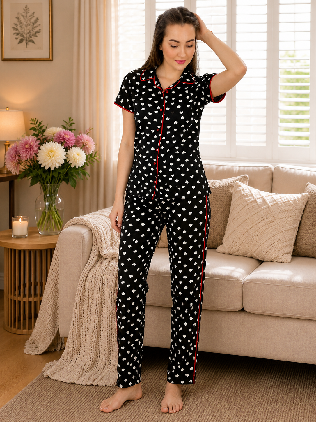 Women Heart Print Black Hosiery Night Suit