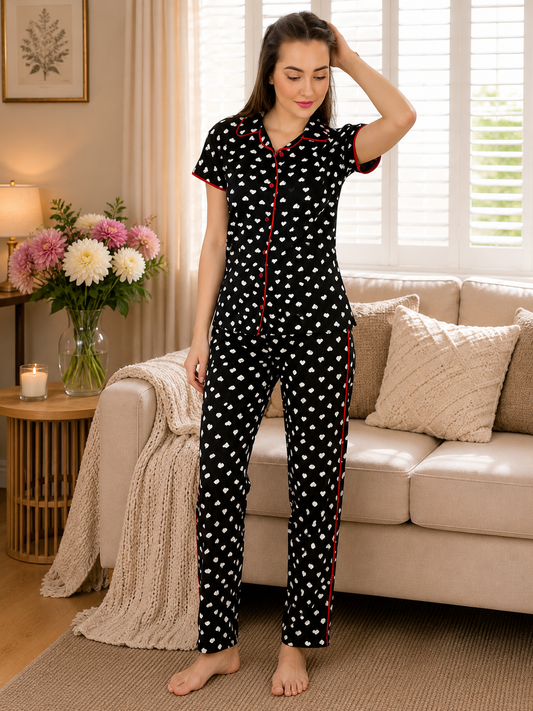 Women Heart Print Black Hosiery Night Suit