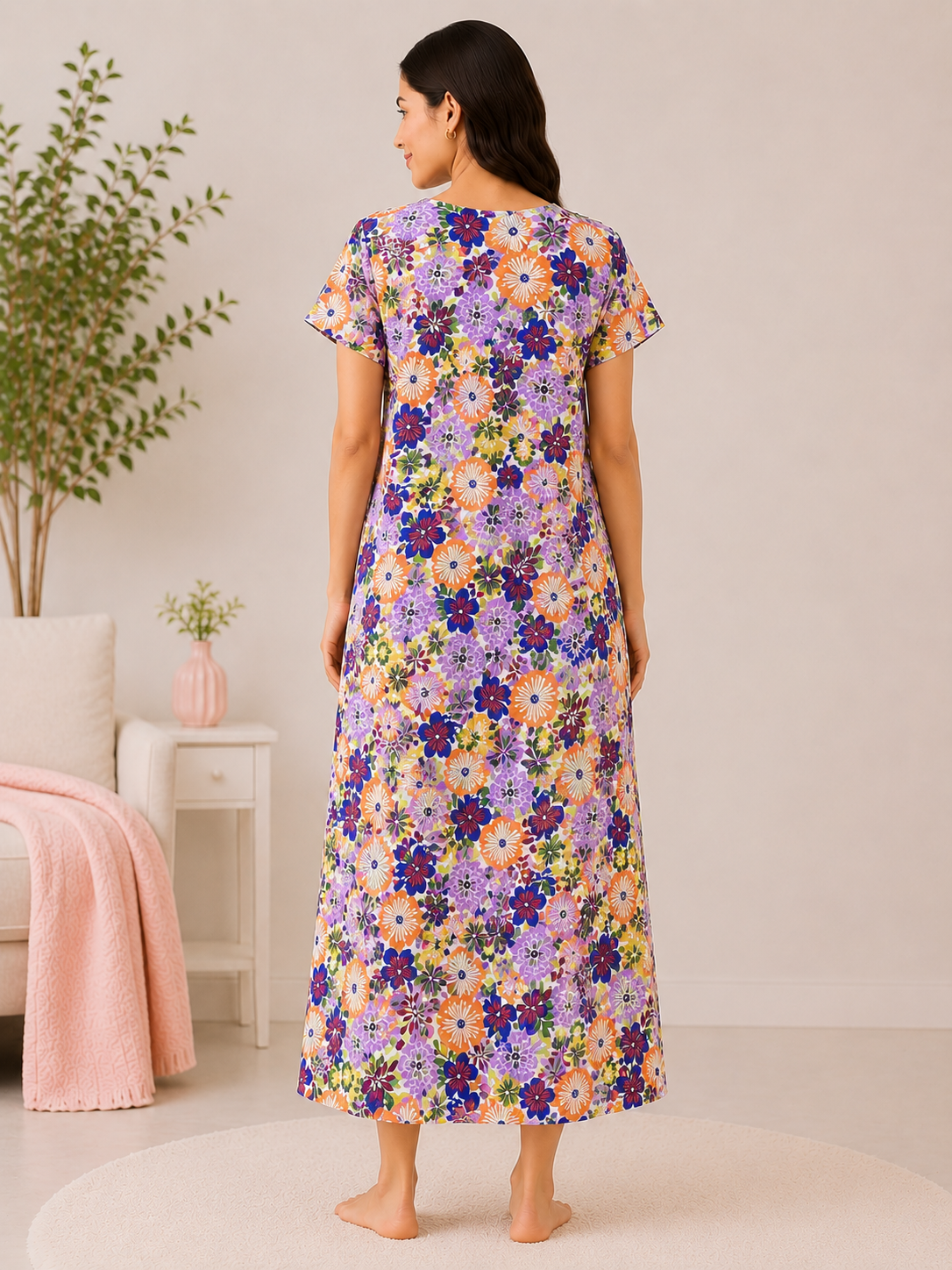 SnugNest Women’s Premium Cotton Floral Nighty