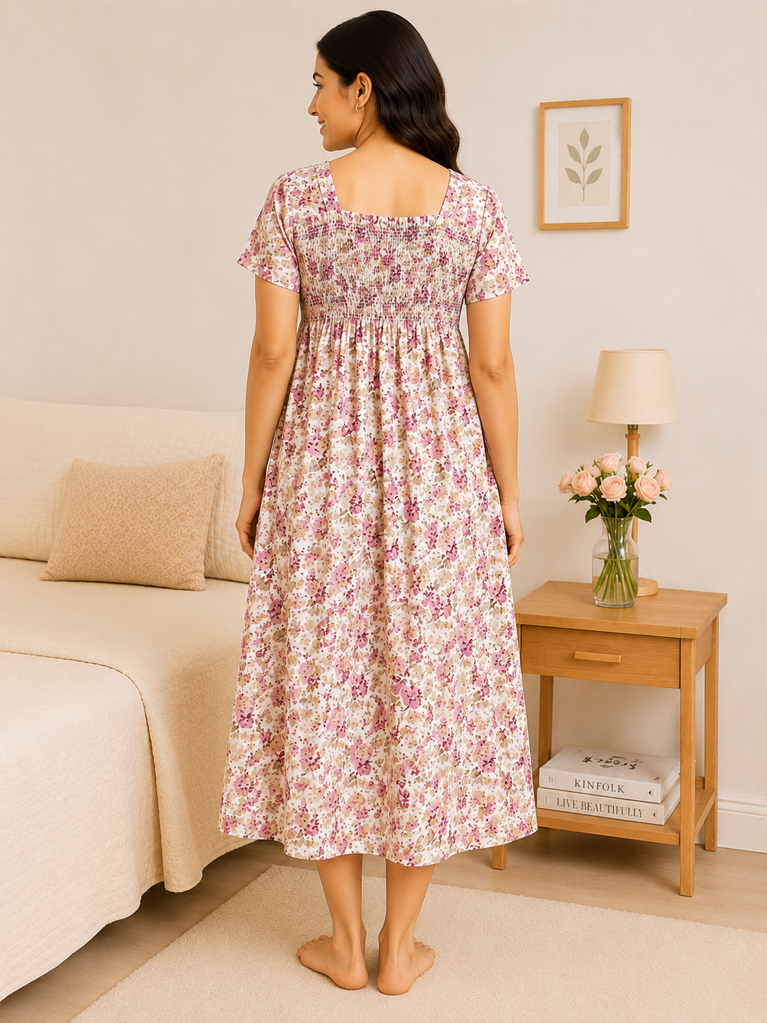 SnugNest Women’s Premium Cotton Floral Smocked Nighty