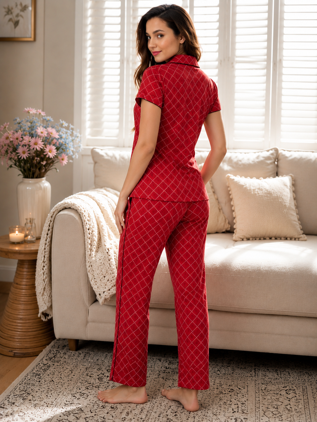 SnugNest Red Cross Hosiery Night Suit For Women