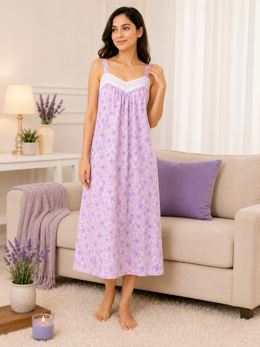 SnugNest Women’s Premium Cotton Floral Strap Nighty
