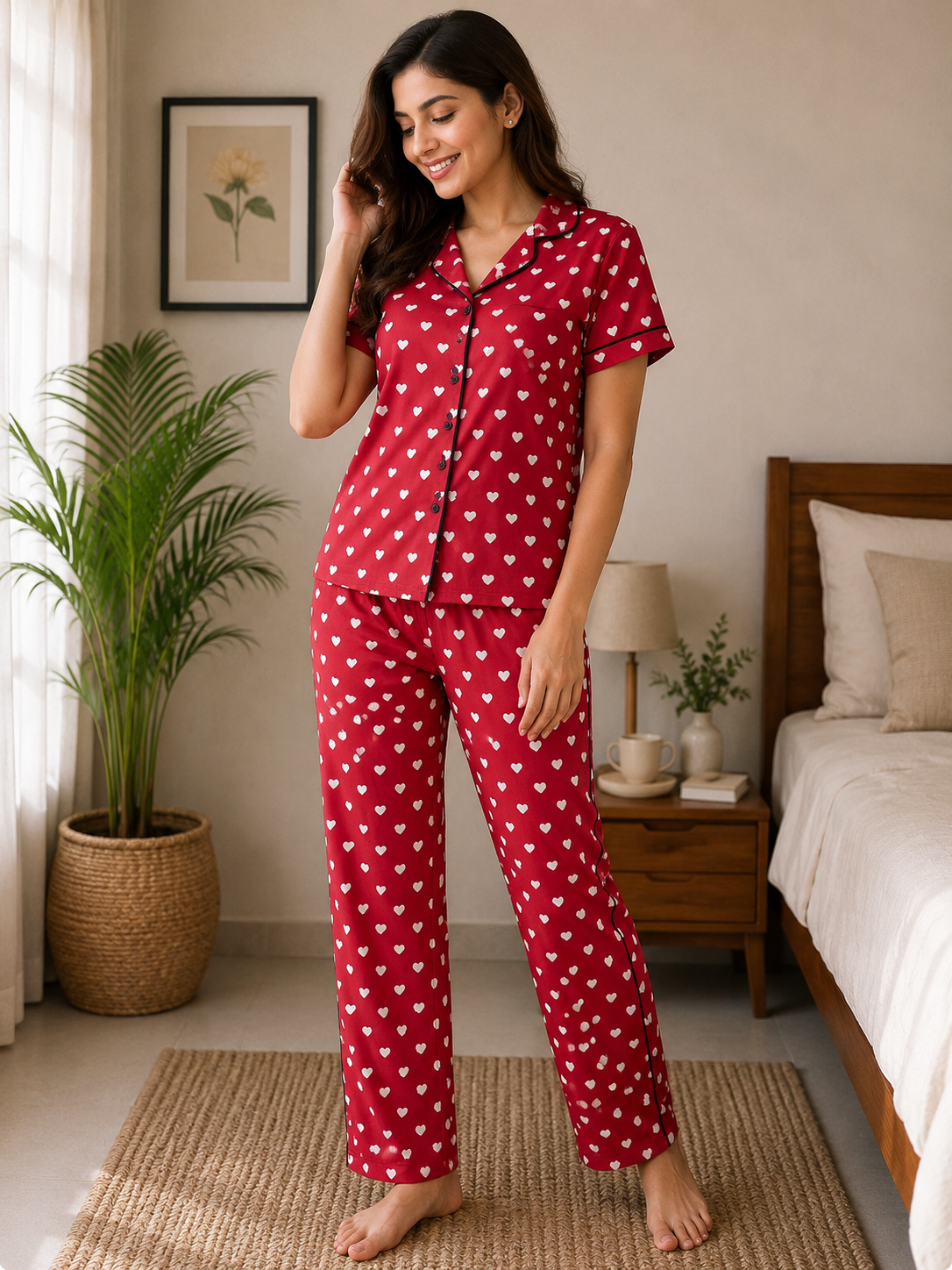 Women Heart Print Red Hoseiry Night Suit