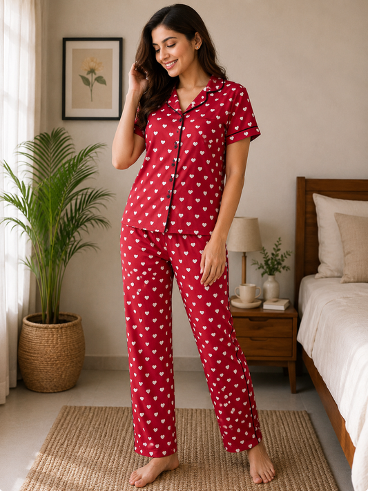 Women Heart Print Red Hoseiry Night Suit