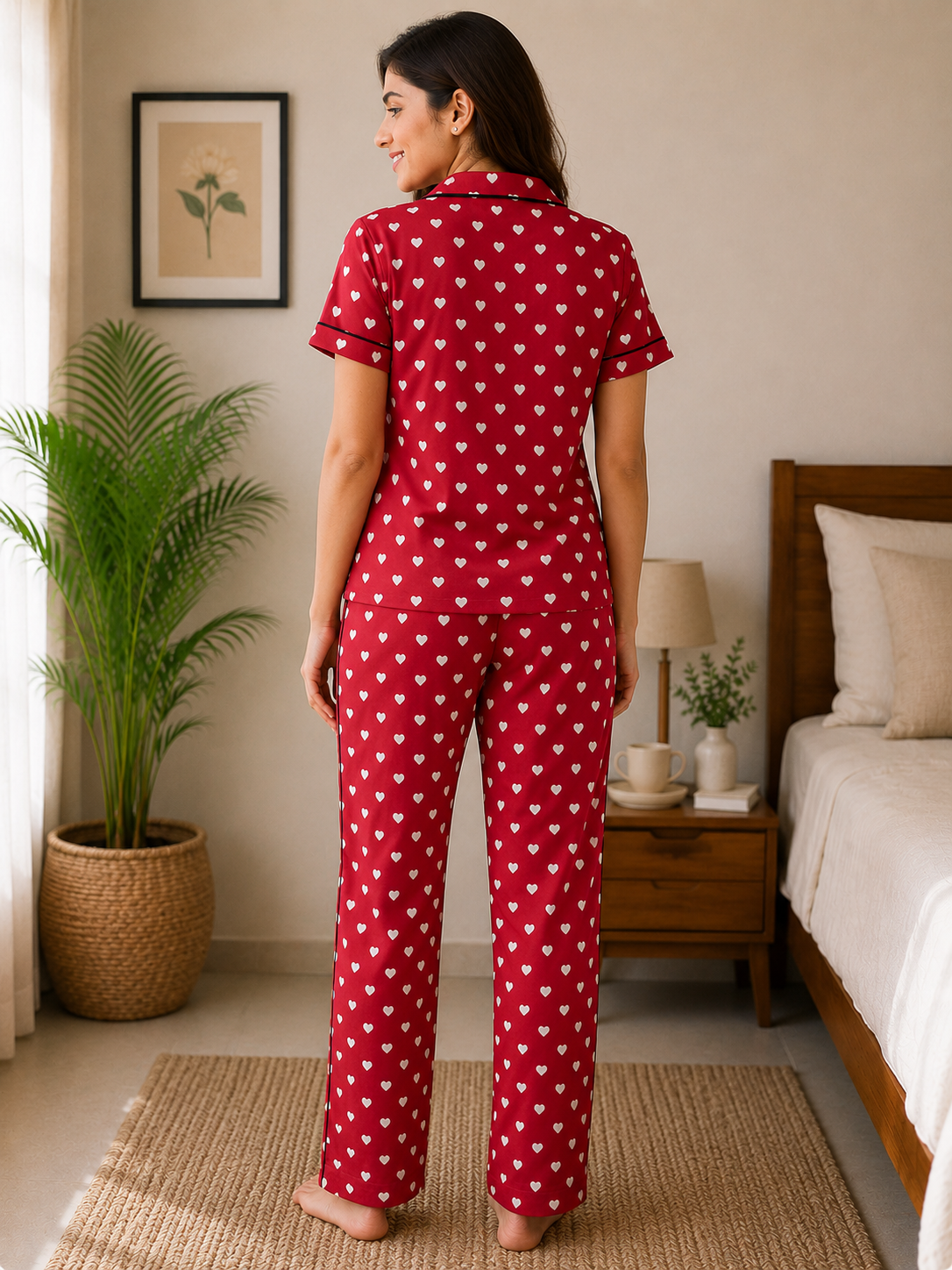 Women Heart Print Red Hoseiry Night Suit